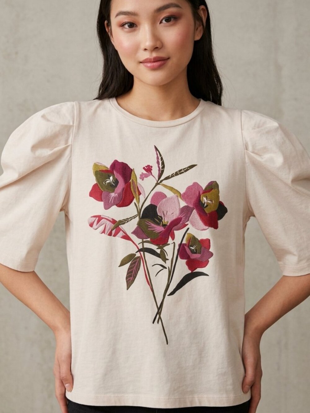 Zara Boxy Pale Pink Floral Puff Sleeve T-Shirt Size Small